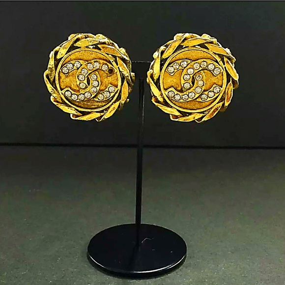 LOW START- CHANEL CC Logo Rhinestone Gold Tone Earrings - Picture 1 of 10